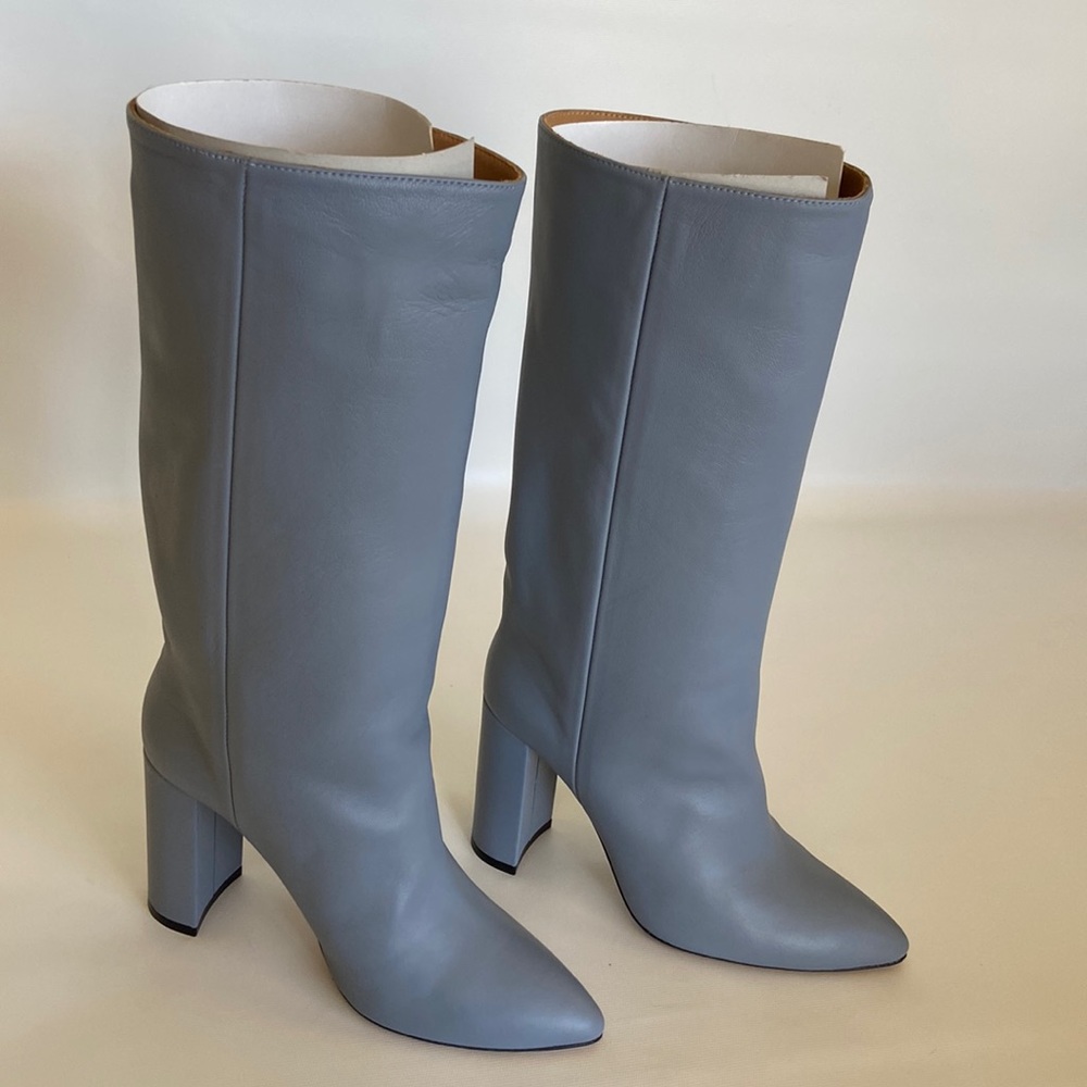 Toral Gray Leather Boots Slip On Block Heel Sophia Fenoa NIB